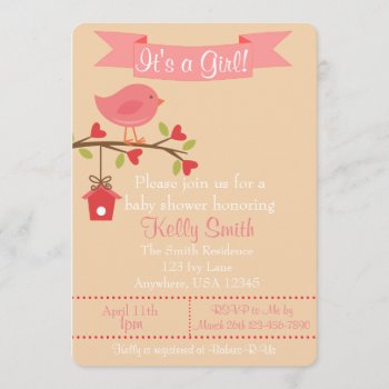 It's A Girl Pink Bird Baby Shower Invitation by CardinalCreations at Zazzle