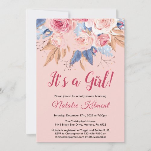 Its a Girl Pink Botanical Floral Girl Baby Shower Invitation
