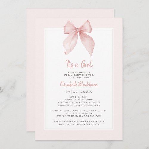 Its A Girl Pink Bow Baby Shower Coquette Elegant Invitation