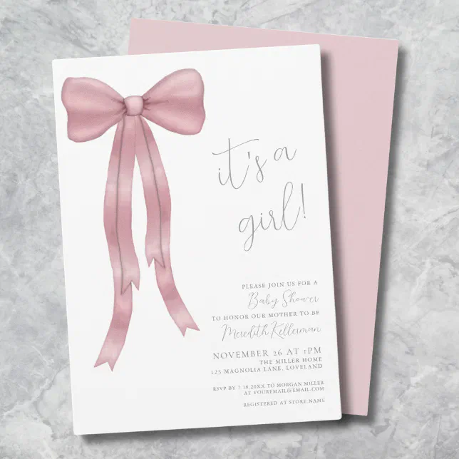 It's A Girl Pink Bow Baby Shower Invitation | Zazzle