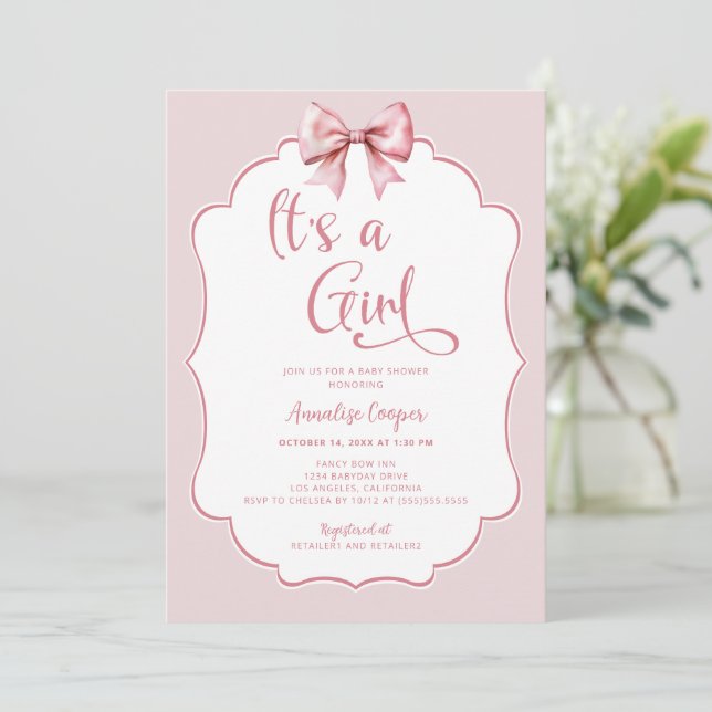 It's A Girl Pink Bow Baby Shower Invitation (Standing Front)