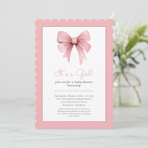 Its a Girl Pink Bow Baby Shower Invitation