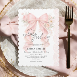 It's a Girl Pink Bow Coquette Ribbon Baby Shower Invitation