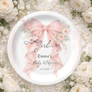 It's a Girl Pink Bow Coquette Ribbon Baby Shower Paper Plates