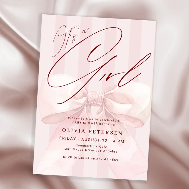 Its a girl pink bow elegant girl baby shower invitation (Creator Uploaded)
