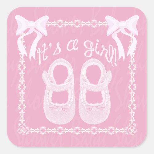 Its a girl Pink Bow Shoes Baby Girl Shower Square Sticker