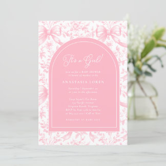 It's a Girl Pink Bow Toile Modern Baby Shower Invitation