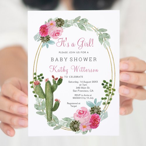 Its a Girl Pink Cactus Floral baby shower Invitation