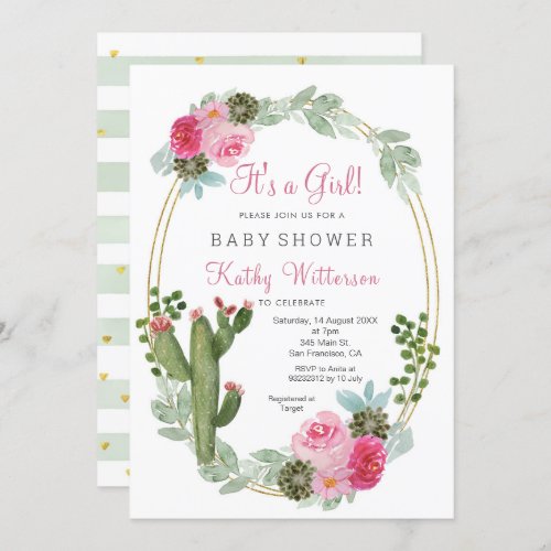Its a Girl Pink Cactus Floral baby shower Invitation