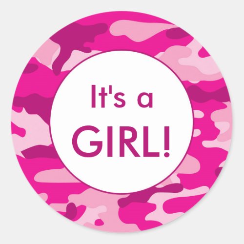 Its a GIRL pink camo announcement favor stickers