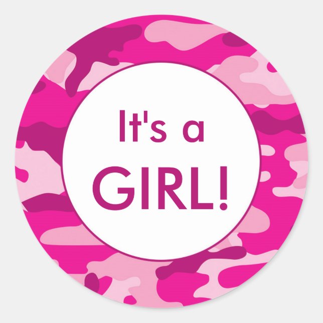 It's a GIRL pink camo announcement favor stickers (Front)