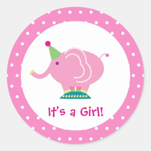 Its a Girl Pink Cartoon Elephant Gender Reveal Classic Round Sticker