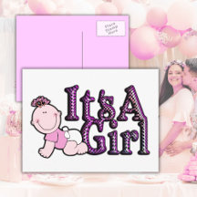 It's A Girl Pink Check Baby Announcement Postcard