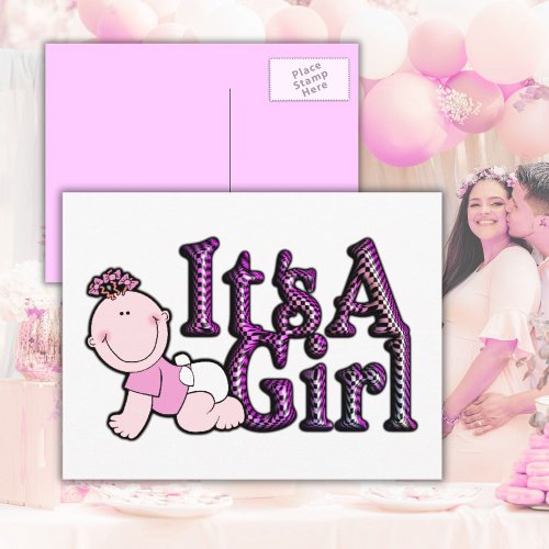 Its A Girl Pink Check Baby Announcement Postcard