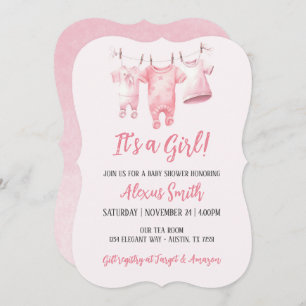 Its A Girl Pink Clothesline Girly Baby Shower Invitation