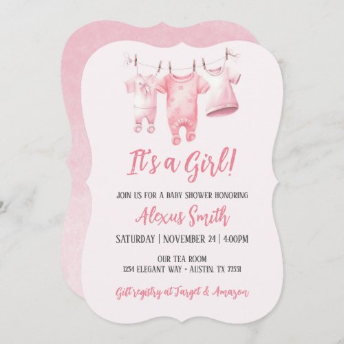 Its A Girl Pink Clothesline Girly Baby Shower Invitation