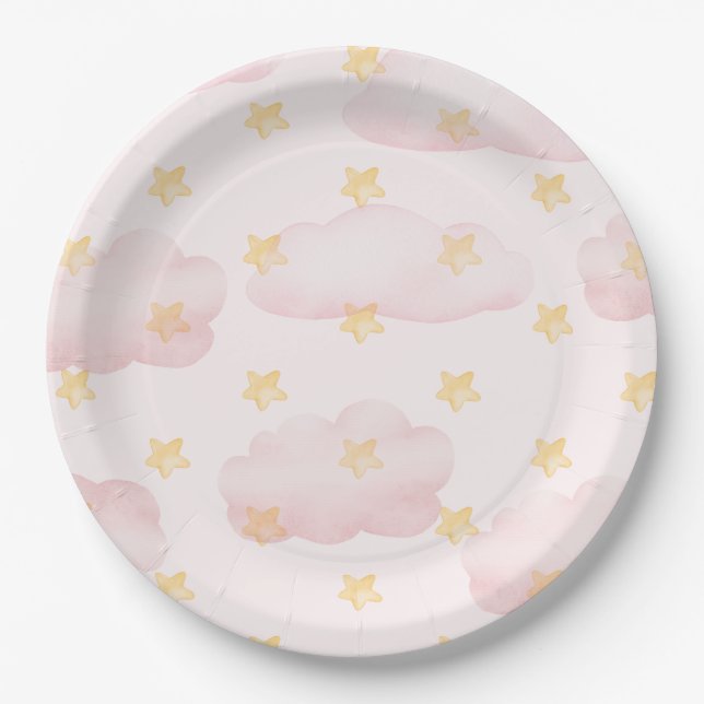 its a girl pink clouds baby shower party paper plates (Front)