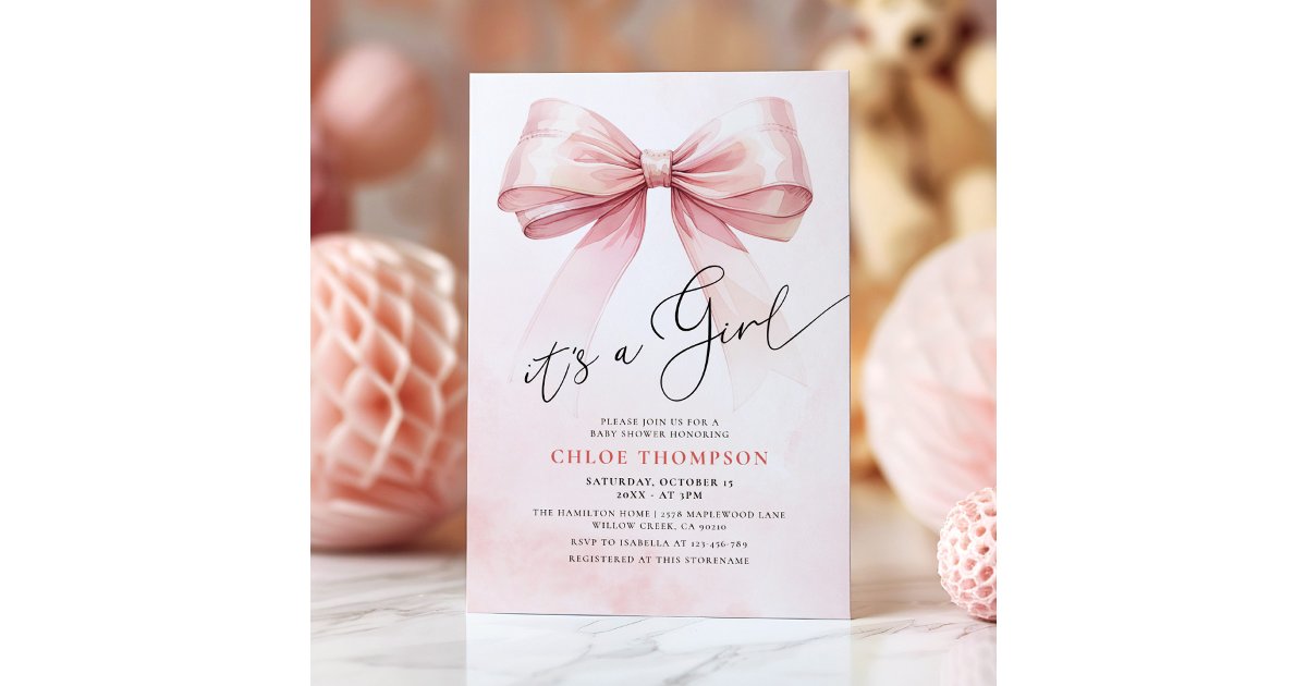 It's A Girl Pink Coquette Bow Baby Girl Shower Invitation | Zazzle