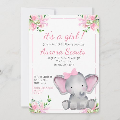 Its A Girl Pink Cute Elephant Baby Shower Invitation