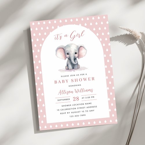 Its a Girl  Pink Cute Elephant Girl Baby Shower   Invitation
