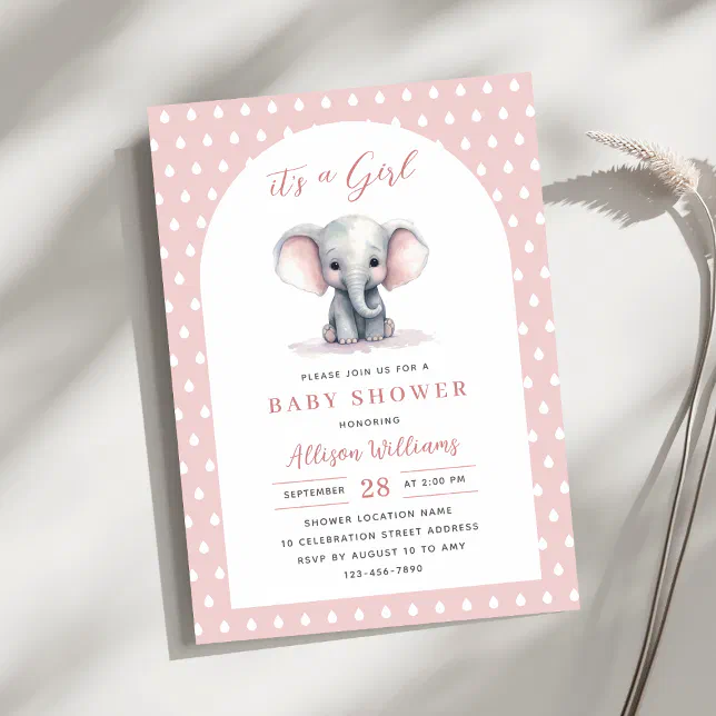 Its a Girl | Pink Cute Elephant Girl Baby Shower Invitation | Zazzle