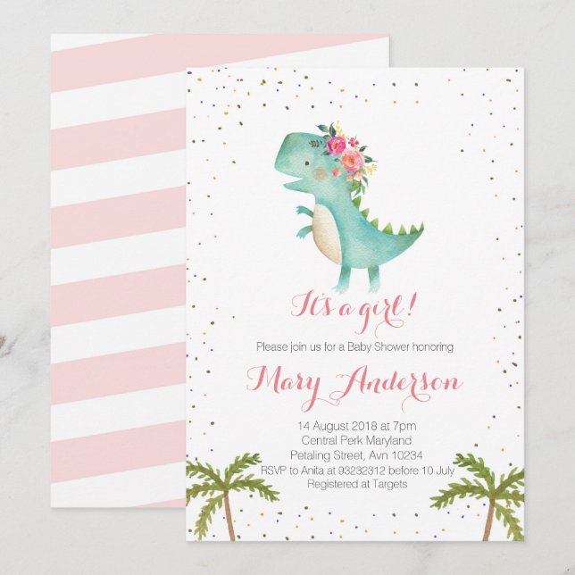 It's a Girl Pink Dinosaur Baby Shower Invitation (Front/Back)