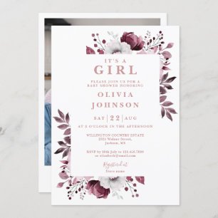 Its A Girl Pink Elegant Floral Photo Baby Shower Invitation