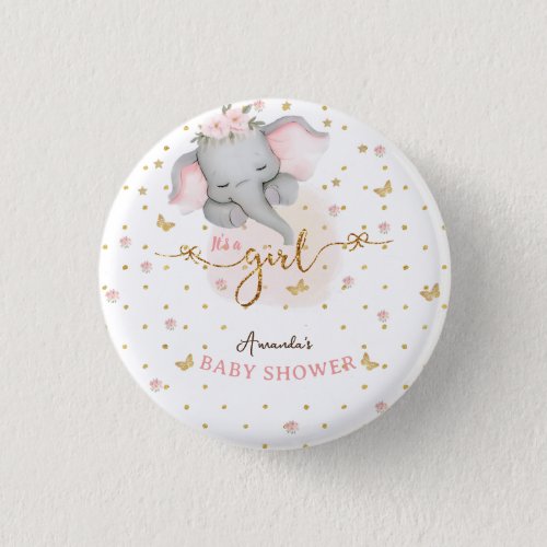 Its a girl pink elephant baby girl shower  button