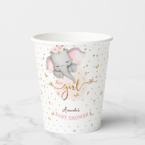 Its a girl pink elephant baby girl shower  paper cups