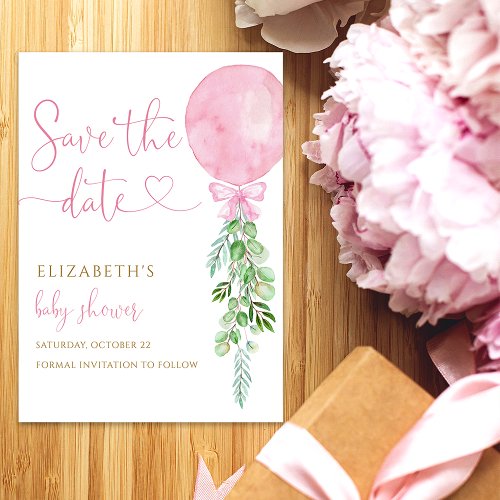 Its a Girl Pink Eucalyptus Balloon Save the Date Invitation