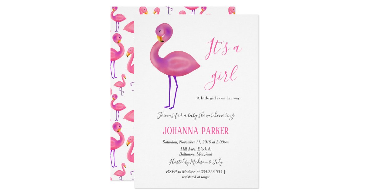 Its A Girl Pink Flamingo Baby Shower Invitation Zazzle Com