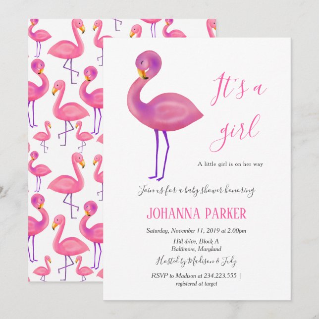 Its A Girl | Pink Flamingo | Baby Shower Invitation (Front/Back)
