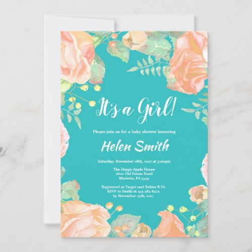 Its A Girl Pink Floral Baby Shower Invitation