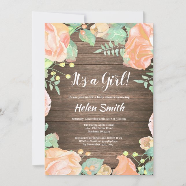 It's A Girl Pink Floral Baby Shower Rustic Wood Invitation (Front)