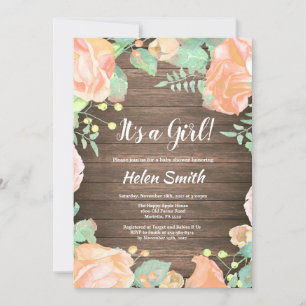 It's A Girl Pink Floral Baby Shower Rustic Wood Invitation