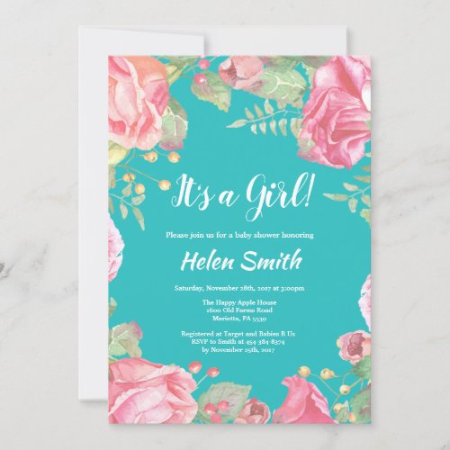Its A Girl Pink Floral Baby Shower Teal Invitation