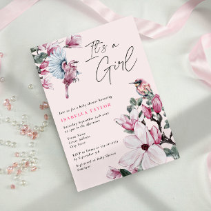It's A Girl Pink Floral & Birds Baby Shower Invitation