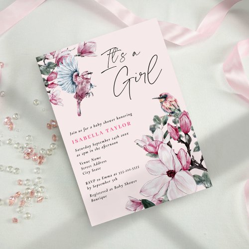 Its A Girl Pink Floral  Birds Baby Shower Invitation