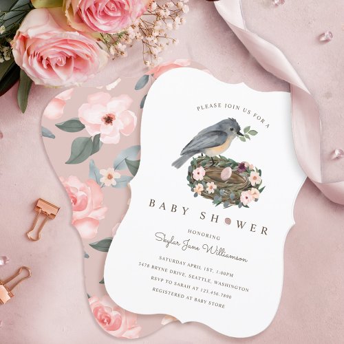 Its A Girl Pink Floral Birds Nest Baby Shower Invitation