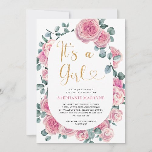 Its A Girl Pink Floral Eucalyptus Baby Shower Invitation