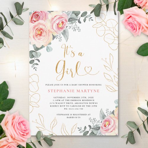 Its A Girl Pink Floral Eucalyptus Gold Baby Shower Invitation