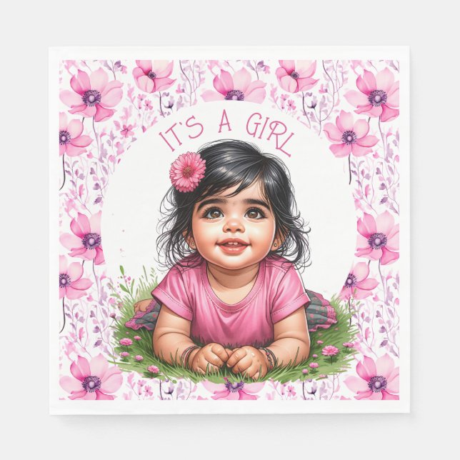 It's a Girl | Pink Floral Girl's Baby Shower Napkins (Front)