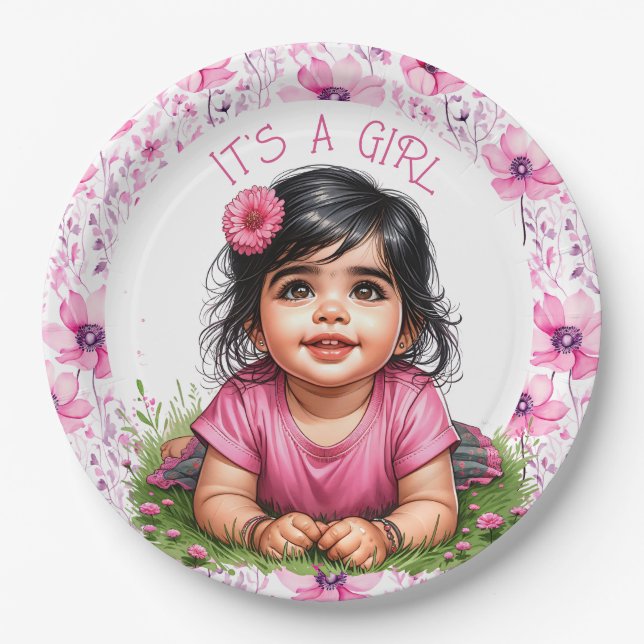 It's a Girl | Pink Floral Girl's Baby Shower Paper Plates (Front)