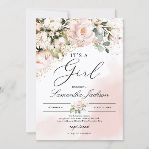 Its a girl pink floral gold boho baby shower invitation