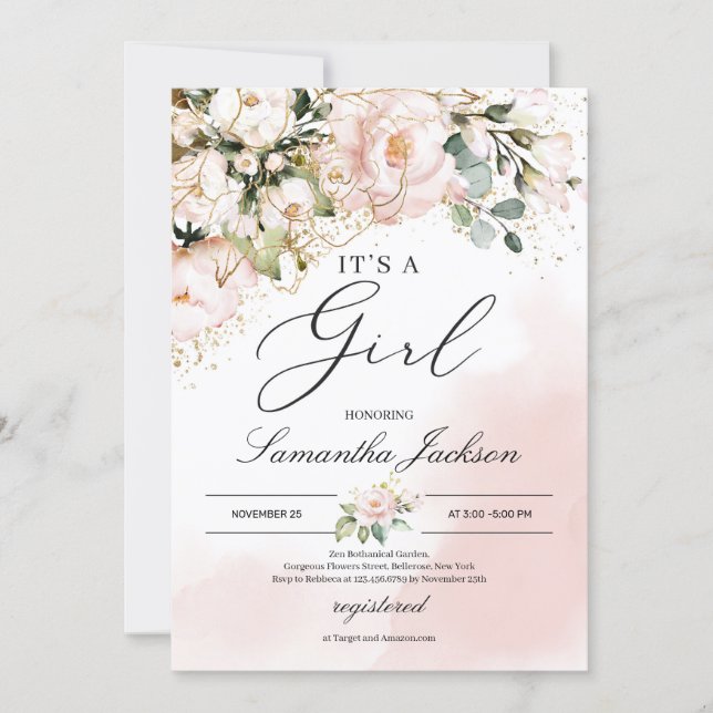 It's a girl pink floral gold boho baby shower invitation (Front)