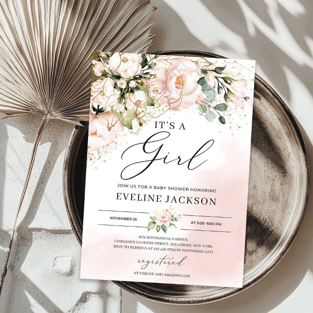 It's a girl pink floral gold boho baby shower invitation (It's a girl pink floral gold boho baby shower invitation)