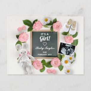 It's a Girl Pink Floral Pregnancy Letter Board Announcement Postcard
