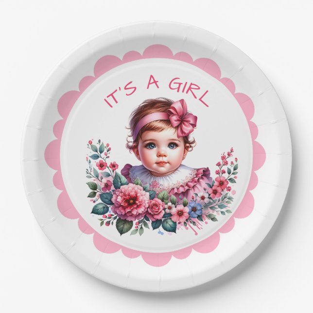 It's a Girl | Pink Floral Vintage Baby Shower Paper Plates (Front)