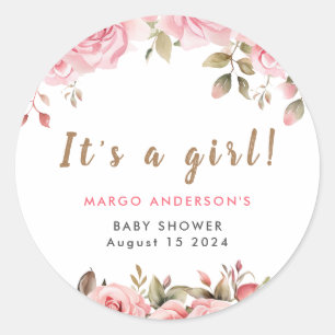 It's A Girl! Pink Floral Watercolor Baby Shower Classic Round Sticker