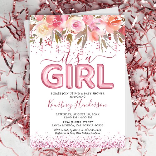 Its a Girl Pink Flower Baby Shower Invitation
